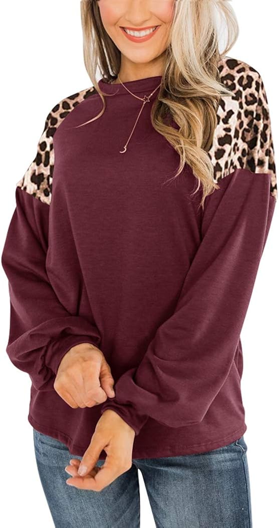 Uincloset Women's Leopard Print Patchwork Raglan Long Sleeve Crew Neck Shirts Casual Loose Pullover Tops