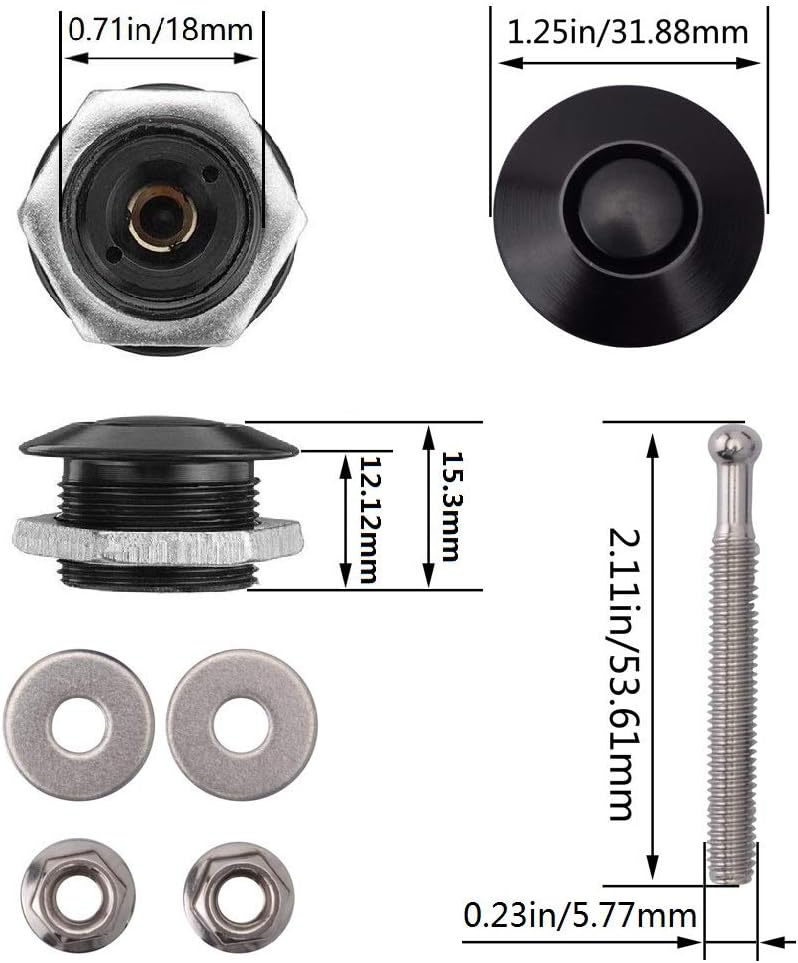 Detailed diagram showing the dimensions of the quick release latch components in both inches and millimeters.