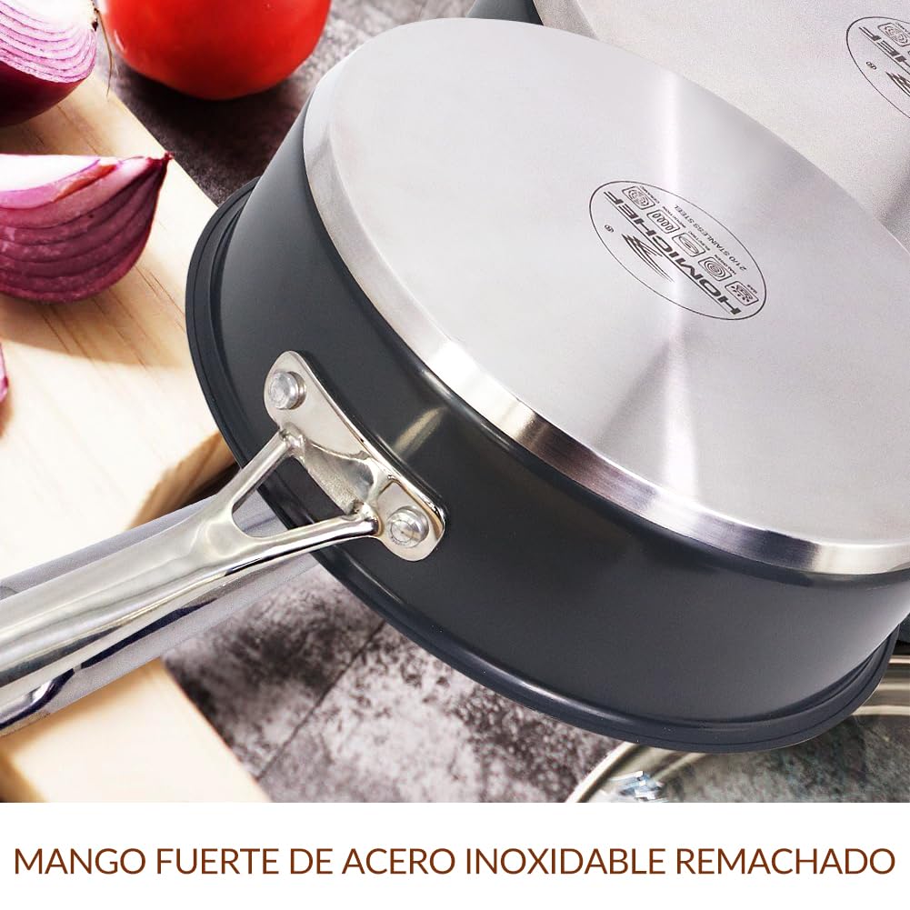 HOMICHEF sartén para saltear de acero inoxidable sin níquel de color gris marino de 24 cm con tapa apta para inducción y horno - Sartén pulida mate premium no tóxica de 2,36 L con tapa de vidrio
