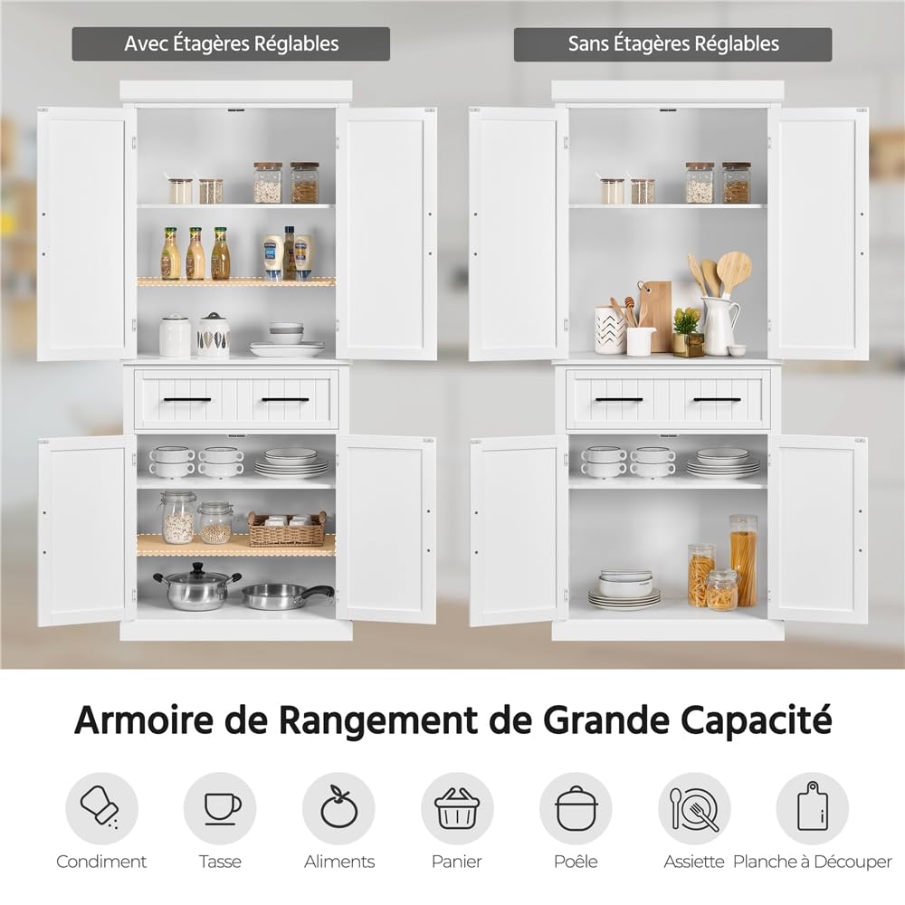 Yaheetech Buffet Haut Cuisine, Meuble de Cuisine avec 6 Étagères Réglables et 2 Tiroirs, Armoire de Rangement Polyvalente, Armoire Vestiaire pour Salon Chambre Bureau 76,5 x 40,5 x 183 cm Blanc