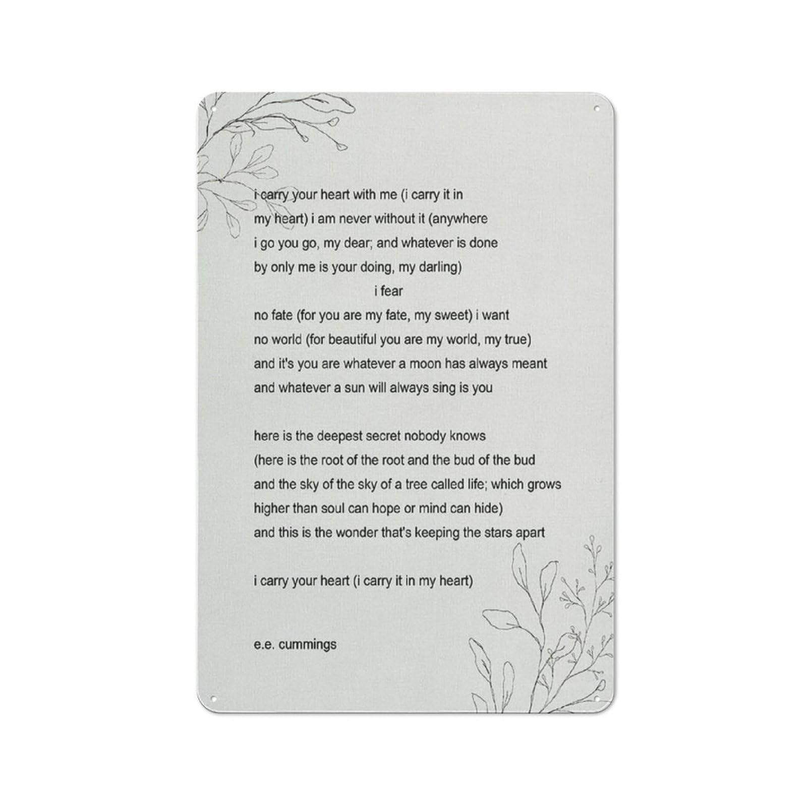 Rustic Metal Tin Sign E.E. Cummings Poems I Carry Your Heart Painting Prints For Home Wall Art Decor Artwork 8x12 Inch