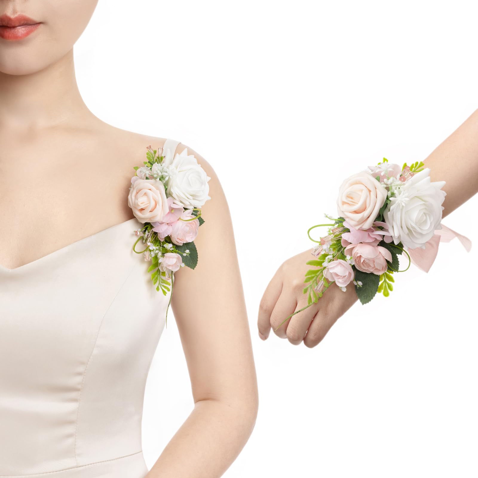 Ling's moment 2pcs Prom Wrist/Shoulder Corsage Artificial Flower, Girl/Mother Homecoming/Wedding Corsage Wristlet Décor, etc. Blush Cream