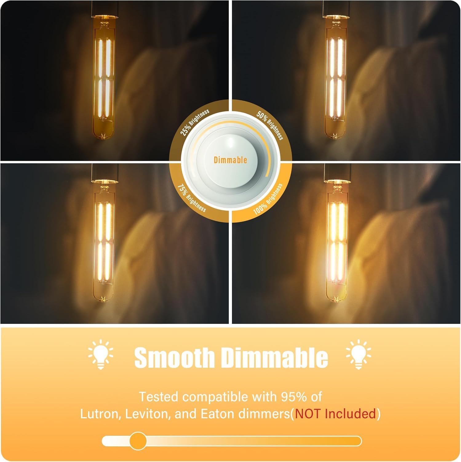 8.9IN LED Light Bulbs E26 Base, 6W 800LM 2700K Soft White T10 T9 Vintage Edison Bulbs Dimmable, AC 120V Equal 80 Watt Clear Glass Long Tubular Filament Bulb, UL Certified - 2Pack