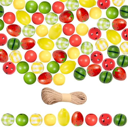 190 cuentas de madera de fresa, limón, sandía, amarillo, verde, a cuadros, coloridas, redondas, rústicas, rústicas, de madera natural, espaciadoras
