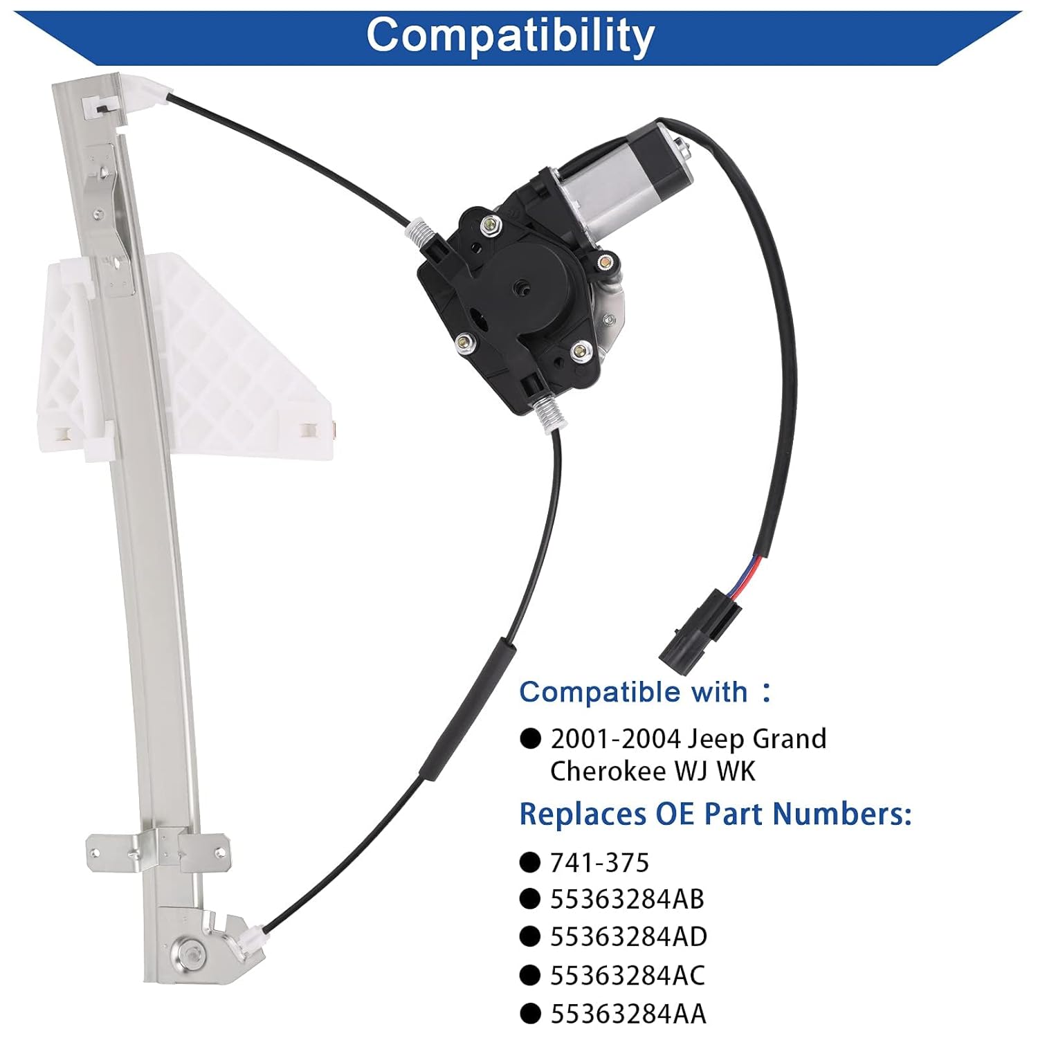 Obaee 741-375 Rear Right Passenger Side Power Window Lift Regulator with Motor Assembly Compatible with 2001-2004 Jeep Grand Cherokee, Replacement OEM 55363284AB