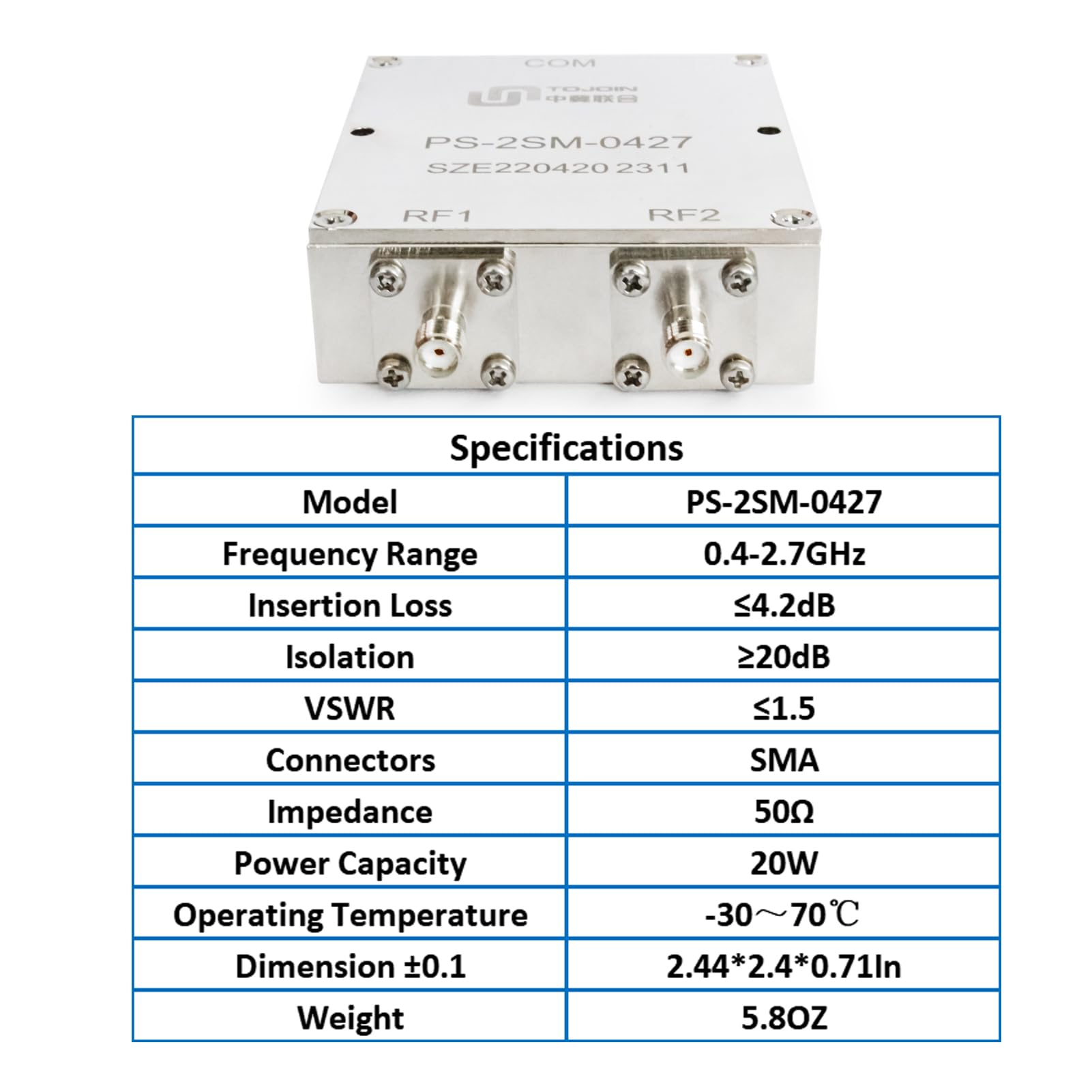 TOJOIN Répartiteur d'alimentation Passif 2 voies pour Connecteurs SMA Câble Coaxial Répartiteur 0.4-2.7 GHz pour Mesures RF/Micro-ondes Accessoires Répartiteur Coaxial, Système d'antenne PS-2SM-0427