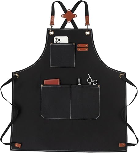 Delantal de chef con bolsillo grande, delantal para carpintería, lona de algodón, correas ajustables, ideal