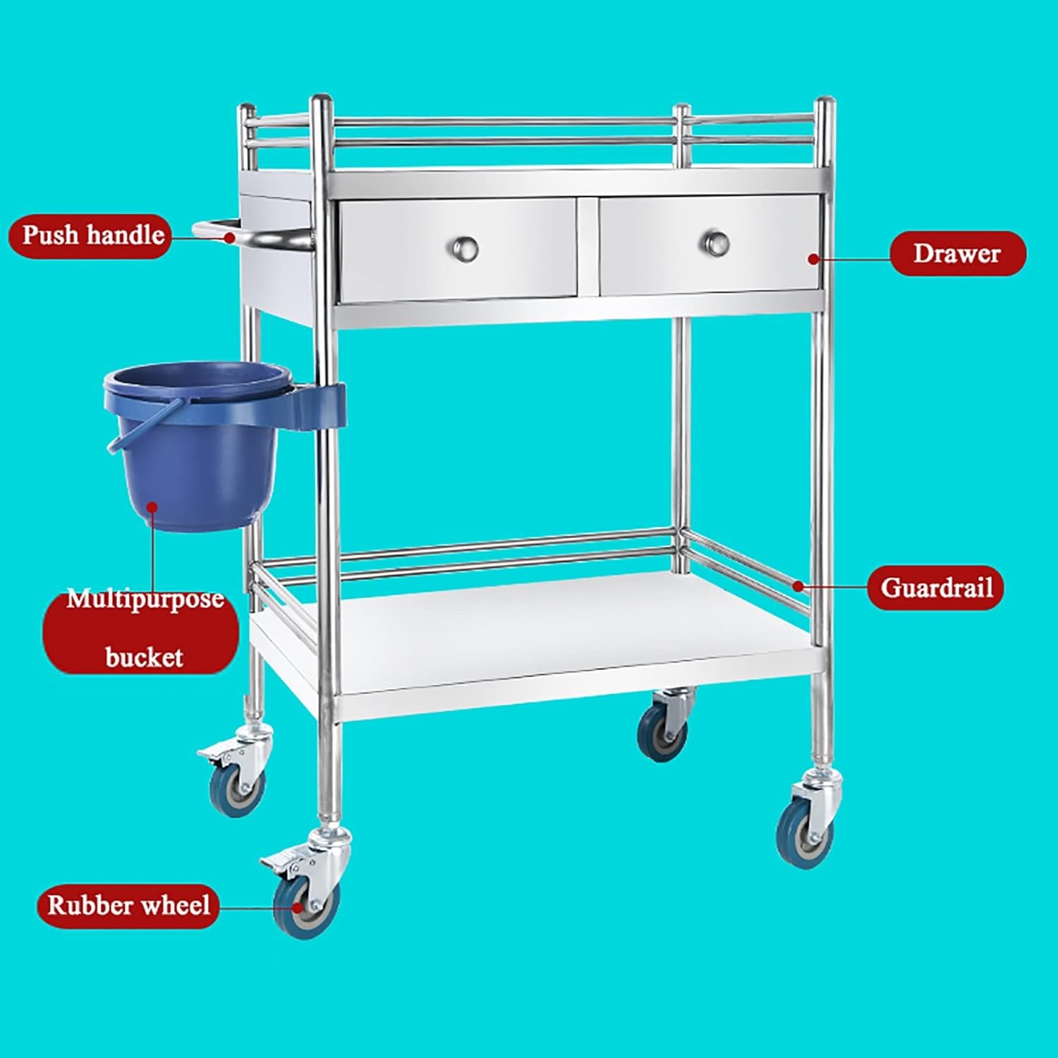 Lab Serving Cart,Lab Cart,Mobile Trolley,Stainless Steel Rolling Cart Two-Story Lab Cart with Two Drawers,with Universal Wheel,for Lab Equipment,Max Load 80kg,66x44x86cm