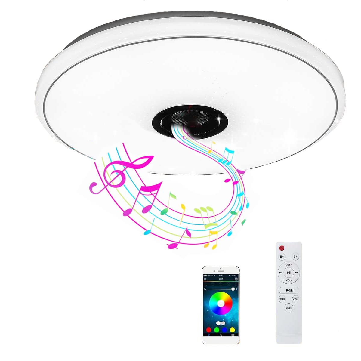 RazuviousLED Music Ceiling Light with Bluetooth Speaker,36W RGB Brightness Dimmable Color Changing LED Lamp with Smartphone APP and Remote Control for Smart Home Party Kids (A)