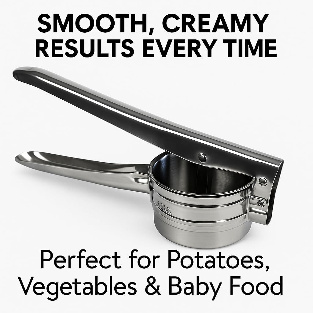 Stainless Steel Potato Ricer with 3 Interchangeable Discs – Manual Press for Mashed Potatoes, Vegetables, Fruits, Cauliflower, Squash & Baby Food