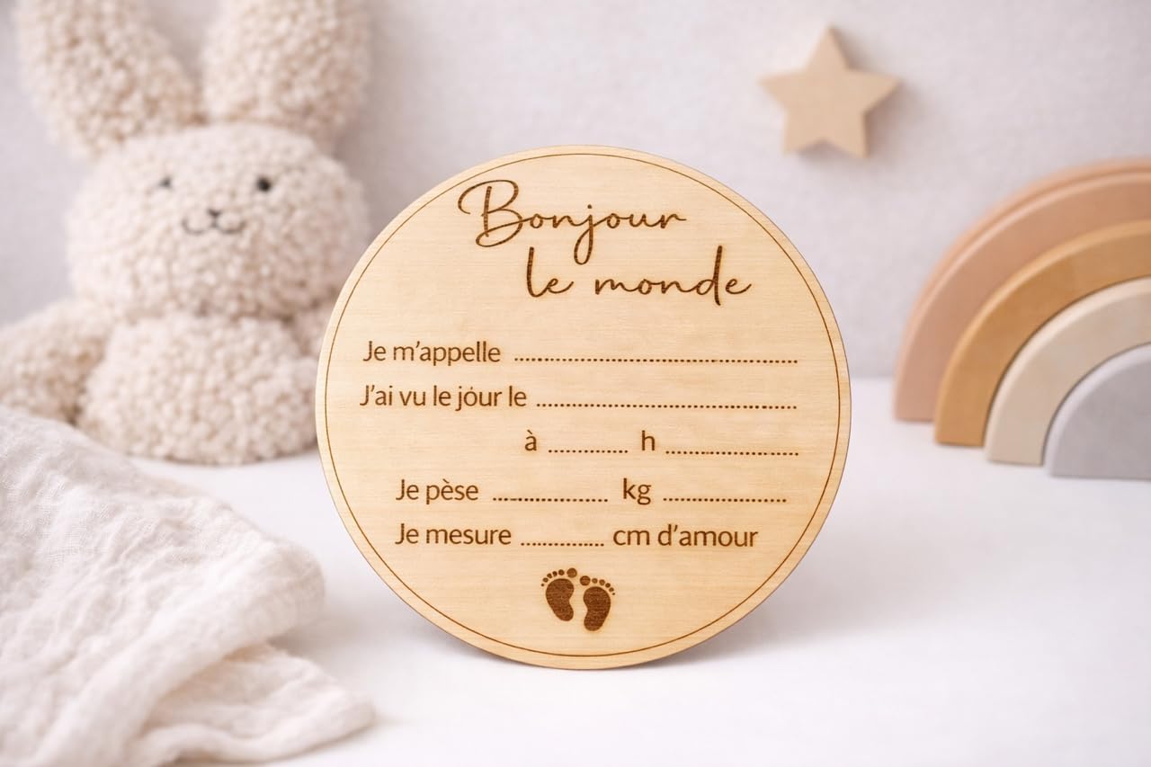Carte bienvenue annonce naissance et prénom bébé en bois en francais - Disque prénom bébé, date, heure, poids et taille - Accessoire pancarte photo nouveau-né, souvenir maternité
