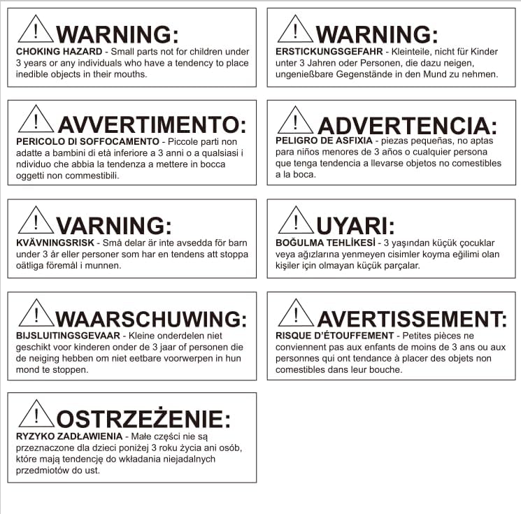 Multi-language warning label for choking hazard