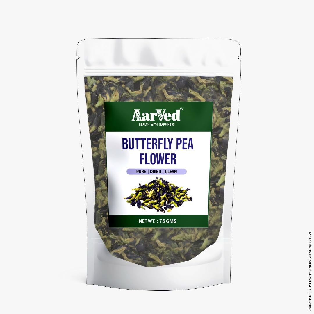 Aarved Dried Butterfly Pea Flower Tea (75g, Pouch) Antioxidant Rich, Caffeine Free, Delicate & Earthy, Flower Based Natural Colorant Herbal Tea For Iced Teas, Mocktails, Cocktails & Stress Relief