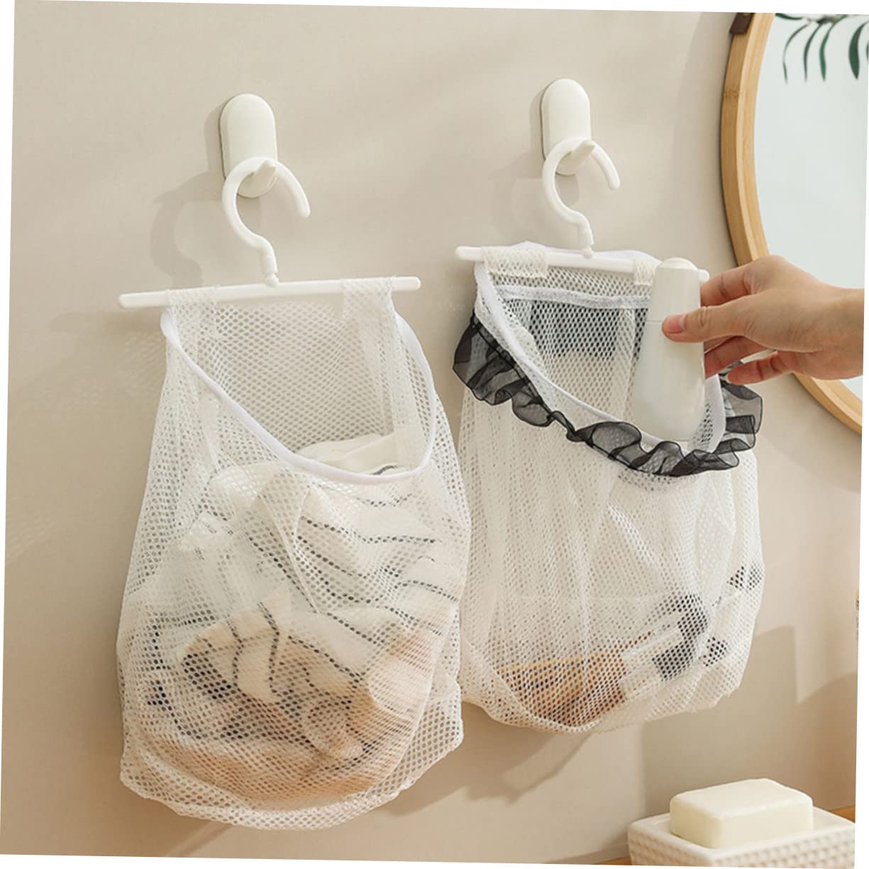 SOLUSTRE 2Pcs Multi Function Mesh Pouches Wall Hanging Storage Bags for Kitchen Bathroom Nursery Space Saving Design Easy to Clean Reusable Netting Bags with Ventilation