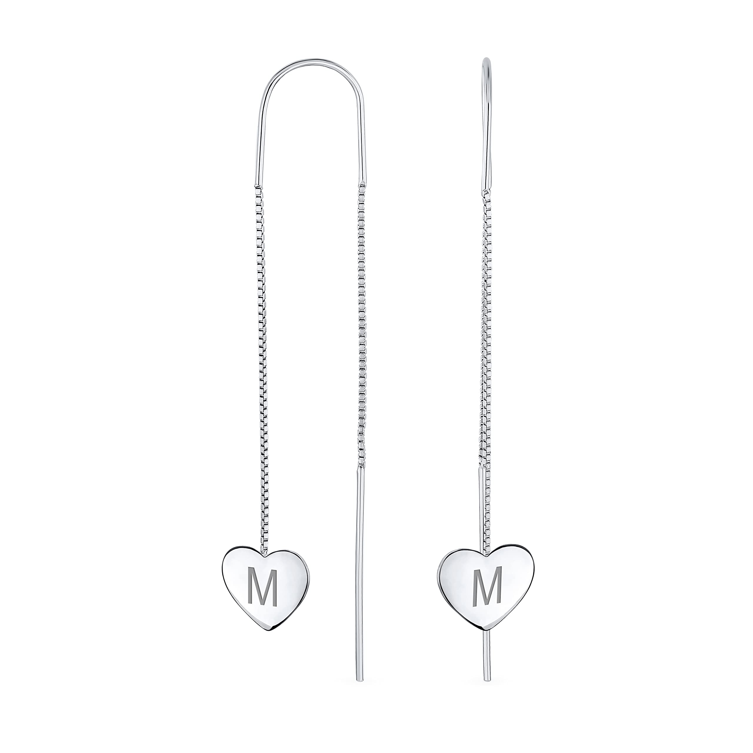 Letra Del Alfabeto Inicial Personalizada M Pendientesde Cadena De Corazón Planos, Ligeros Y Largos Con Enhebrador Para Mujeres Adolescentes .925 Plata De Ley Estabilizador Gancho En U Grabado A Medida