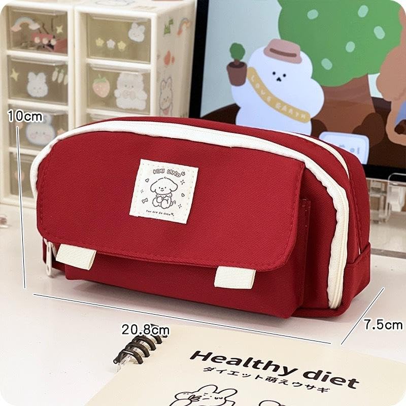 Image of Canvas School Bag Pencil Case, 3 Layer 6 Compartment Large Capacity, Aesthetic Pencil Pouch for Stationary, Cute Stationery for Kids, Pencil Case for Girls & Boys (Maroon)