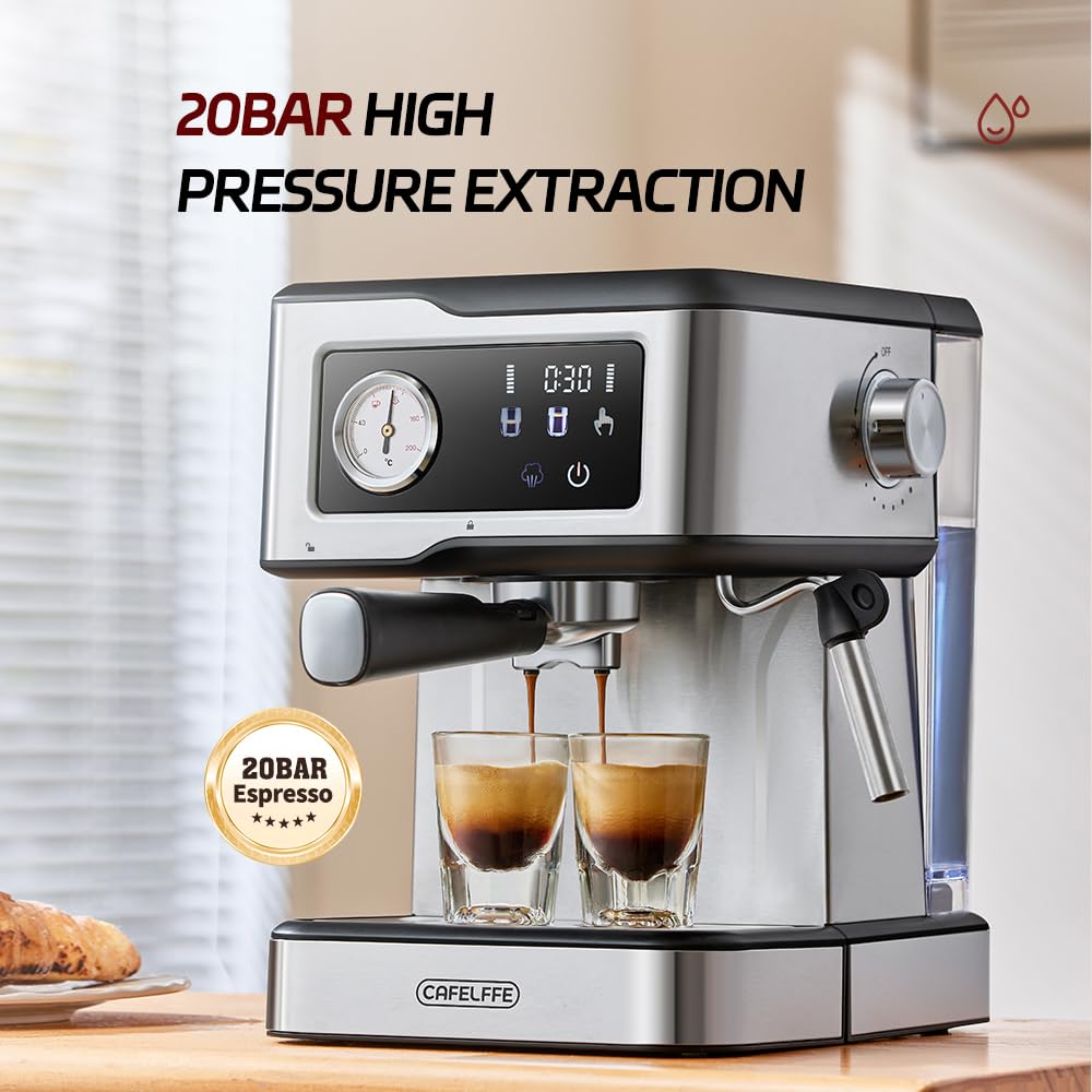 Ekspres do kawy Cafelffe MK-901 z spieniaczem do mleka – 950 W / 1,5 l, pompa 20 barów, inteligentny ekran dotykowy, obudowa ze stali nierdzewnej, mocna para do latte/cappuccino