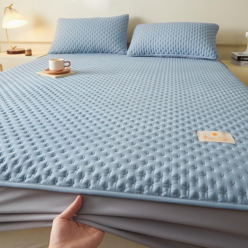 Mattress Protector, Cooling Mattress Pad Cover Smooth Soft Breathable Noiseless Bed Pad Topper for Home, Bedroom, Hotel, 11'' Deep Pocket (Blue,Queen 60"x80")