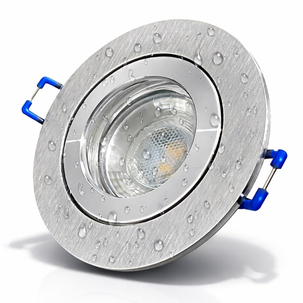 LED Bad Einbaustrahler 230 Volt | 4 x 5 W LED | Farbe ALUMINIUM geb. IP44 LED Einbauleuchte Neptun Rund Neutralweiss Feuchtraum Dusche Innen oder Aussen geeignet Rostfrei LED Austauschbar Schutzglas