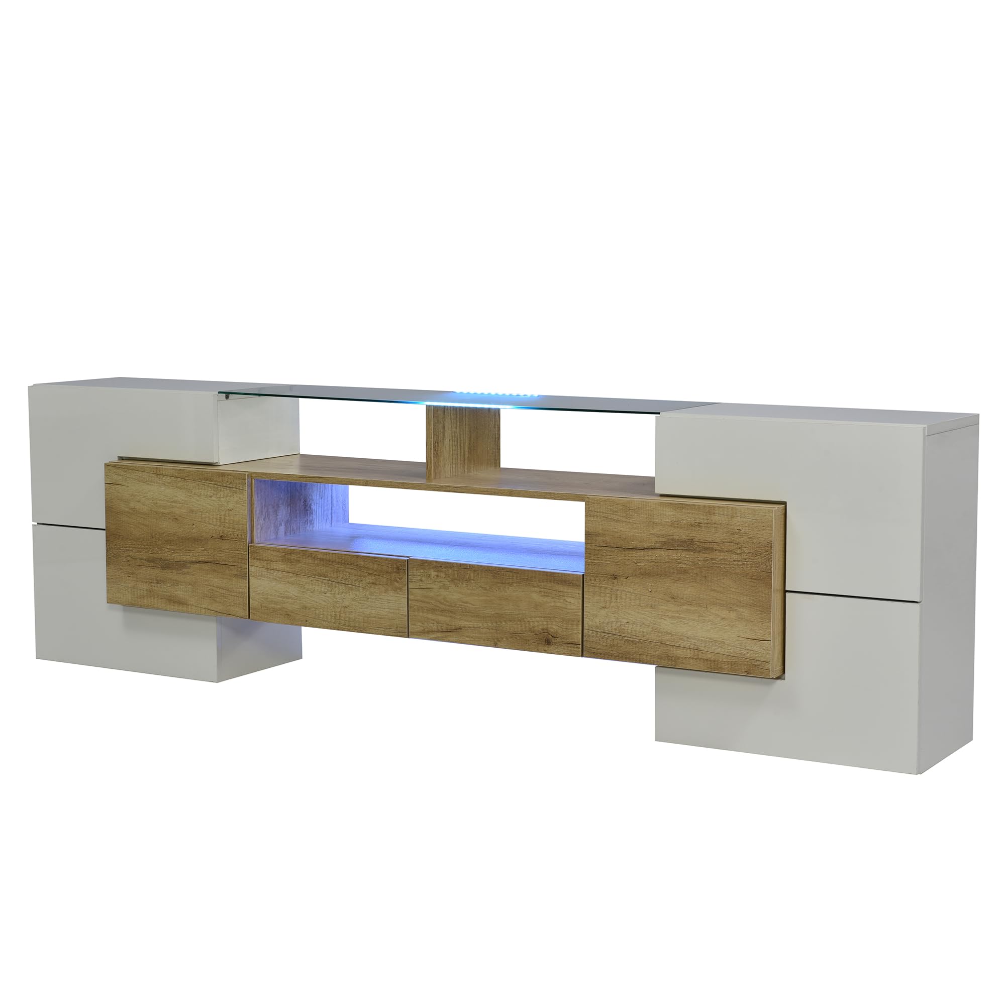 MURUL Elegante mueble de TV de color blanco brillante, 200 cm, elegante superficie de cristal, iluminación LED, muebles de salón, diseño moderno (blanco brillante+color madera)