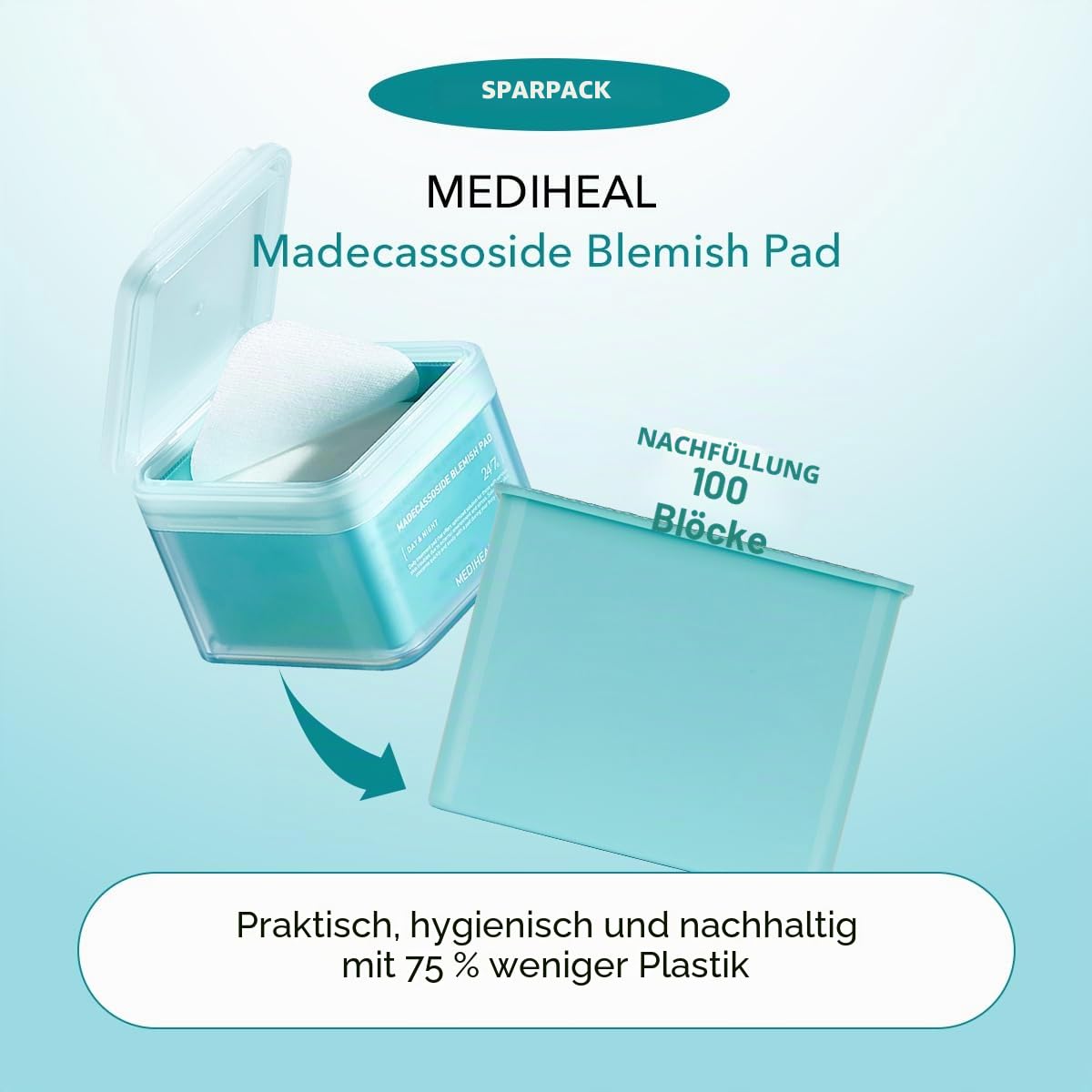 (Nur Nachfüllen) Mediheal Madecassoside Blemish Pad (100 Pads) – Gesichtswasser Pads aus Baumwolle für Anti-Makel bis zu verbessertem ungleichmäßigen Hautton – Vegane Mullpads