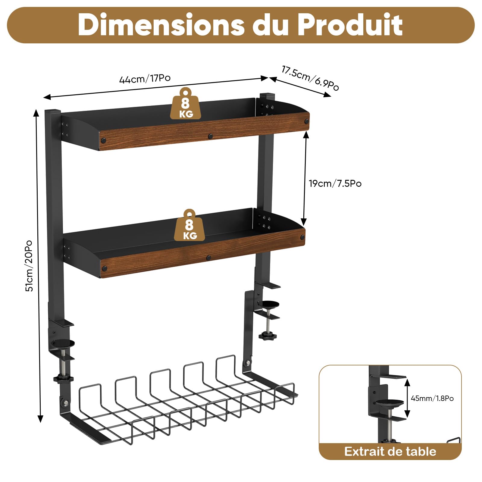 bimiti Organisateur de Bureau à Pince 2 Niveaux 17 Pouces avec Rangement Réglable pour Accessoires de Table Étagère de Bureau à Pince Installer en Haut ou en Bas，44 x 51x 17,5 cm，Marron rétro