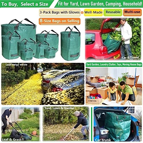 Standard 3-Pack 32 Gallons Garden Yard Bags (D18, H30 Inches) With Coated Gardening Gloves Reusable Leaf Bags Standable Gardening Plant Trimming Bags Trash Containers Lawn Yard Waste Bags 4 Handles #TOP1