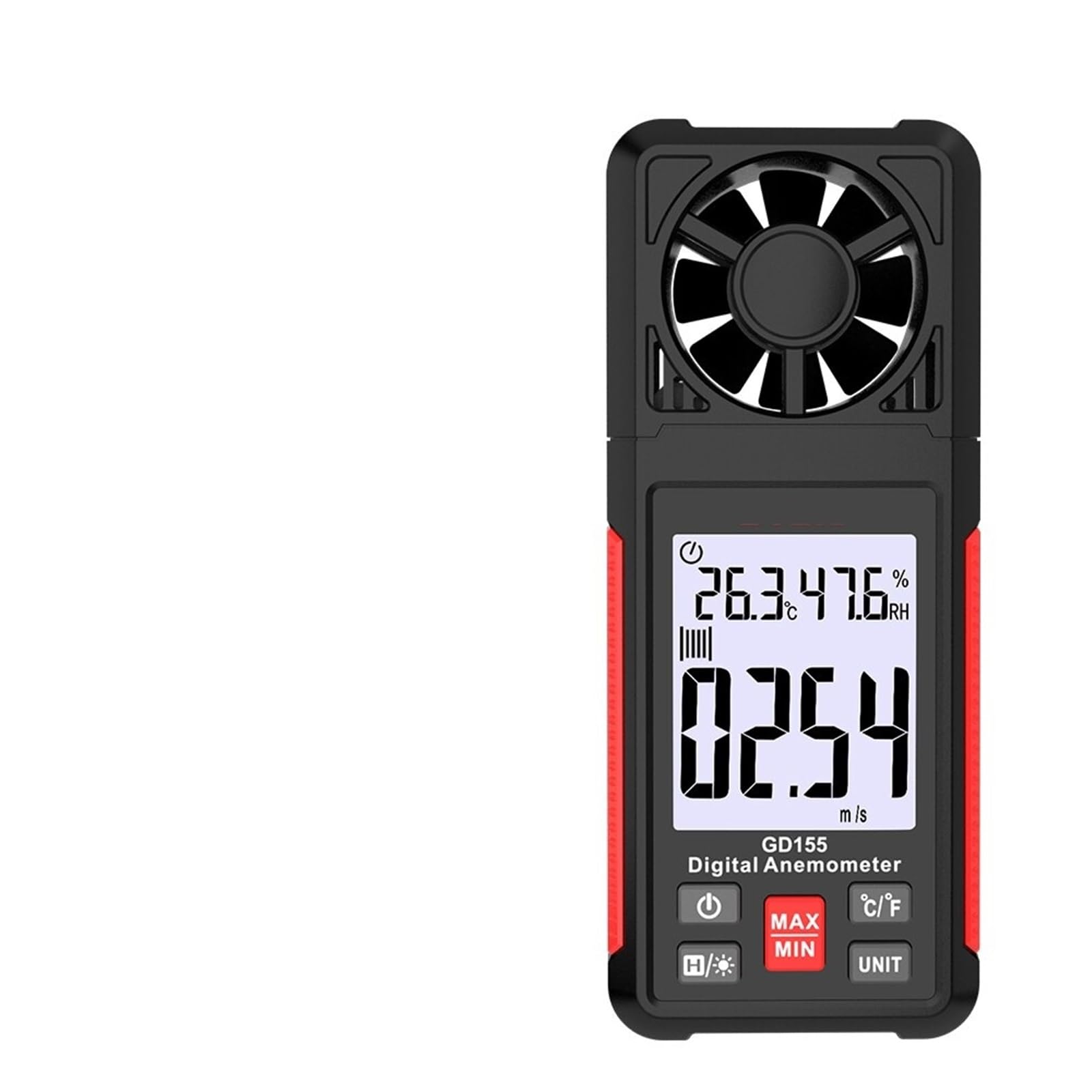 Anemómetro digital portátil GD155 for medir la temperatura y el frío con pantalla LCD retroiluminada.