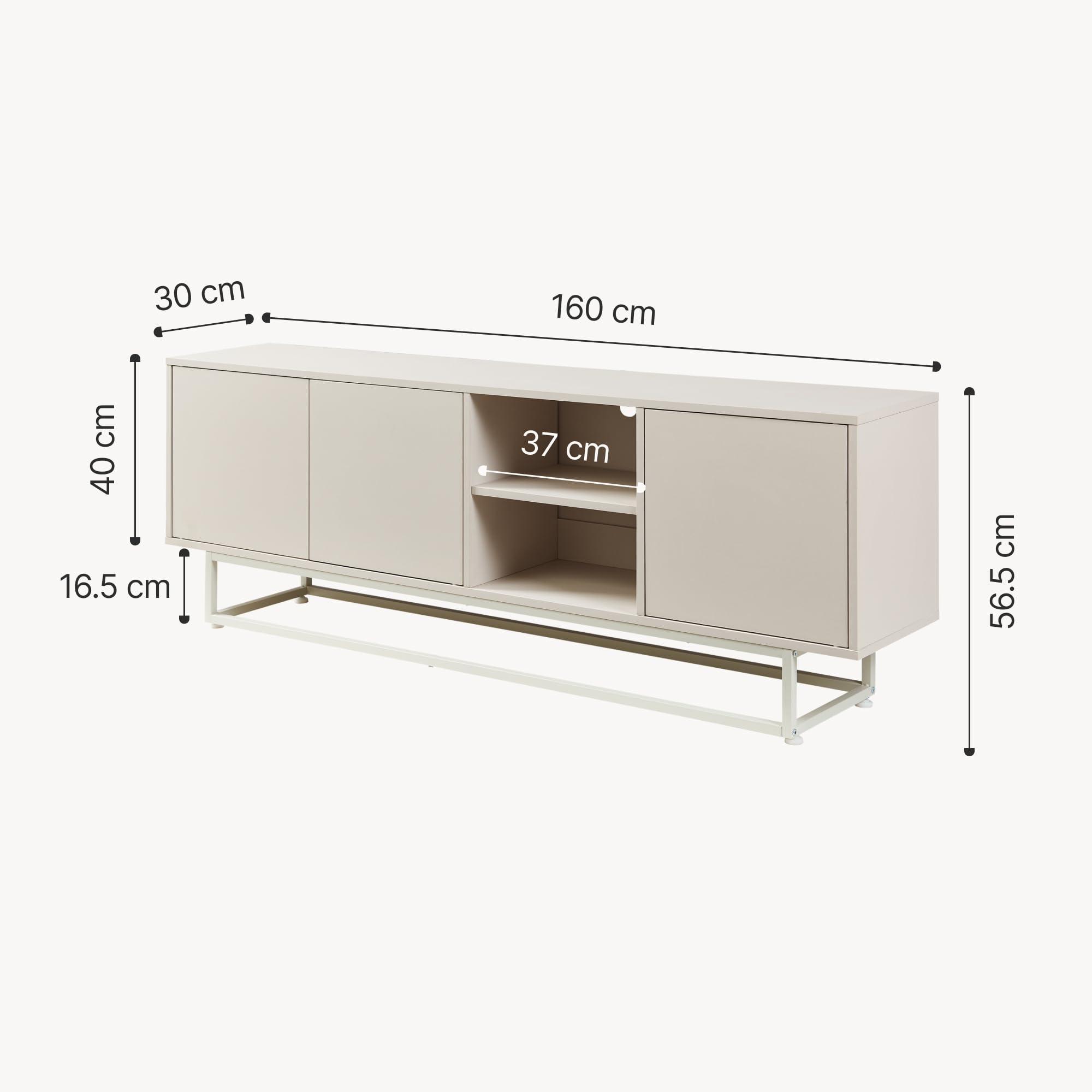 [en.casa] Lowboard Boxholm z 3 drzwiami 160 x 30 x 57 cm, kolor piaskowy | Kredens, szafka pod telewizor, komoda push-to-open, 2 przegródki, metalowa rama, regulowana, do salonu, jadalni, biura