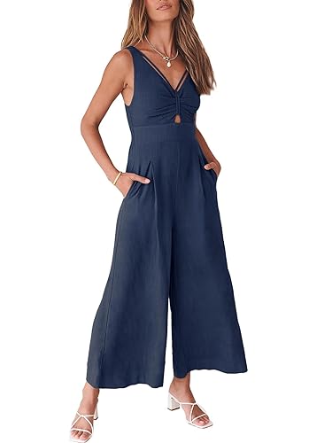 ANRABESS Womens Jumpsuits Summer Linen Wide Leg Sleeveless V Neck