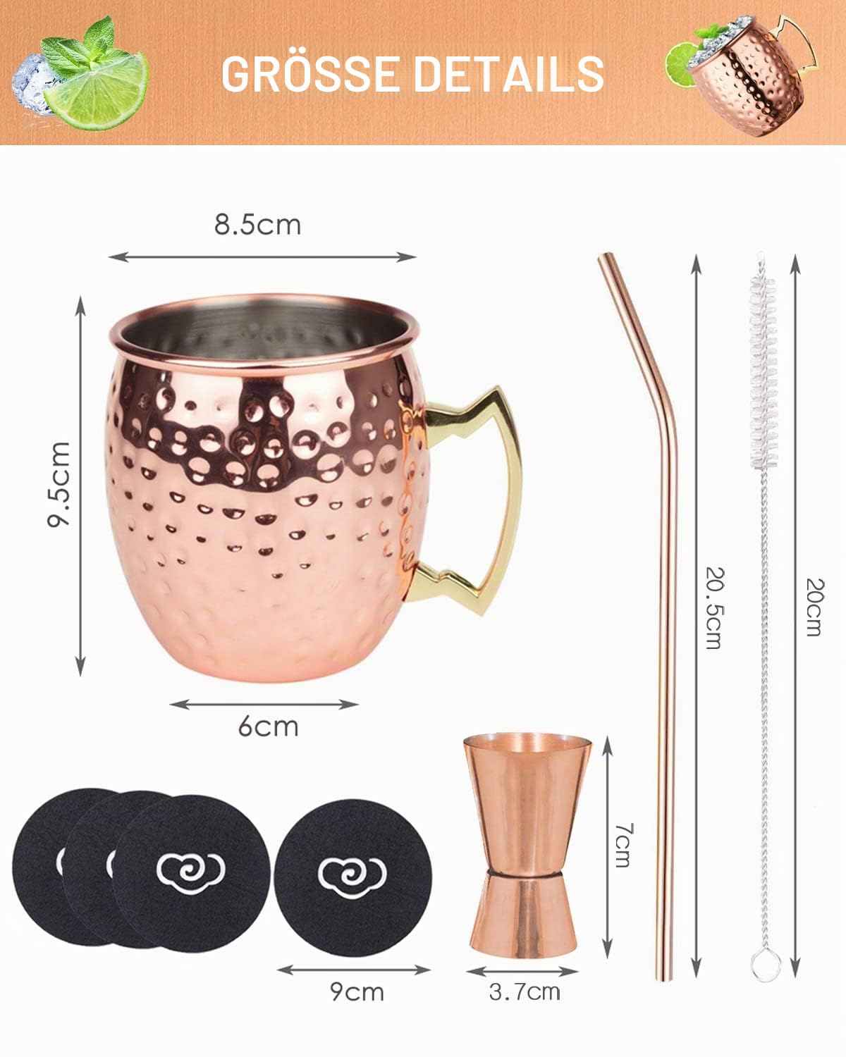 LIVEHITOP 19,5 Oz Moscow Mule Tasse‌ 4er Set, Gehämmerte Kupferbecher mit Jigger für Kaltgetränke, Zuhause, Bar, Party, Geschenk