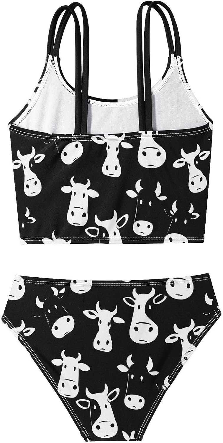 visesunny Girls Two Piece Swimsuits Cute Black White Cow Girl's Bikini Sets Bathing Suits for Girls Size 5-12Y