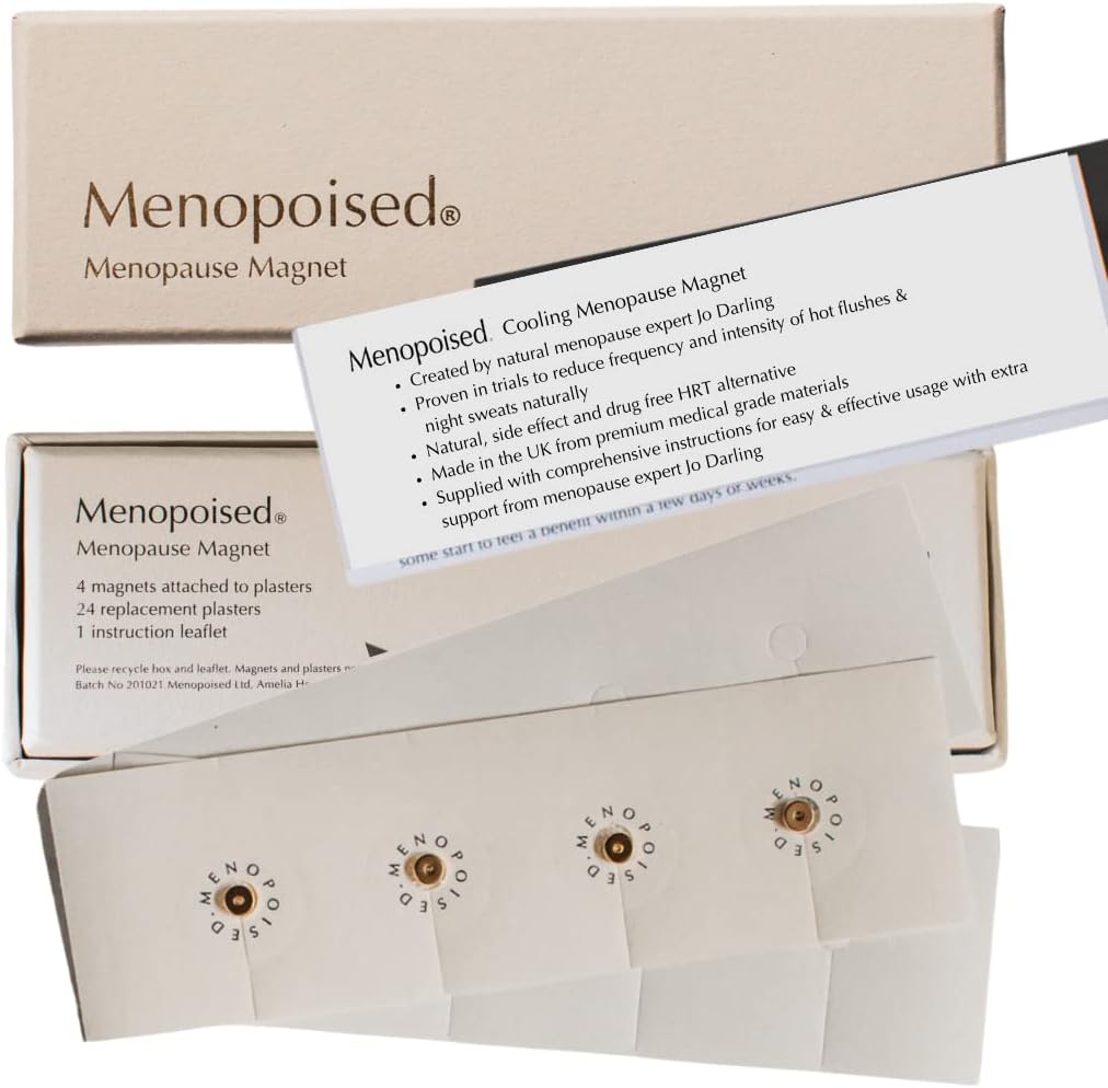 Menopoised Menopause Magnets - The Natural HRT Alternative for Hot Flushes and Night Sweats Side Effect Free - 4 Magnets On Plasters - with 24 Replacement Plasters- by Menopoised