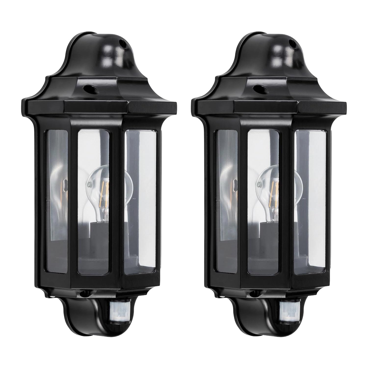 National Lighting Black Outdoor Security Lights - PIR External Wall Light - Motion Sensor Presence Detector Half Lantern Garden Porch Wall Lamp - IP44 Rated 60W GLS ES or LED E27 (Not Included) 2 Pack