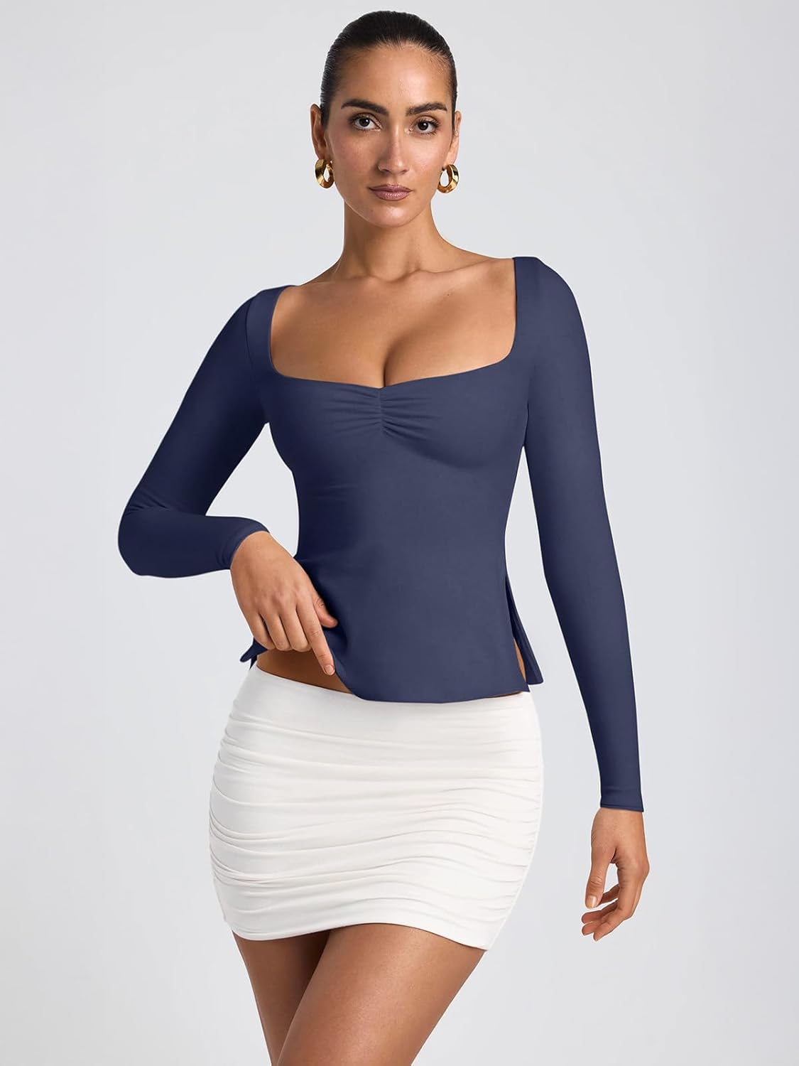 REORIA Womens 2025 Fall Trendy Tops Long Sleeve Shirts for Women Square Neck Going Out Side Slit Tshirts Cute Basic Tee - Image 2