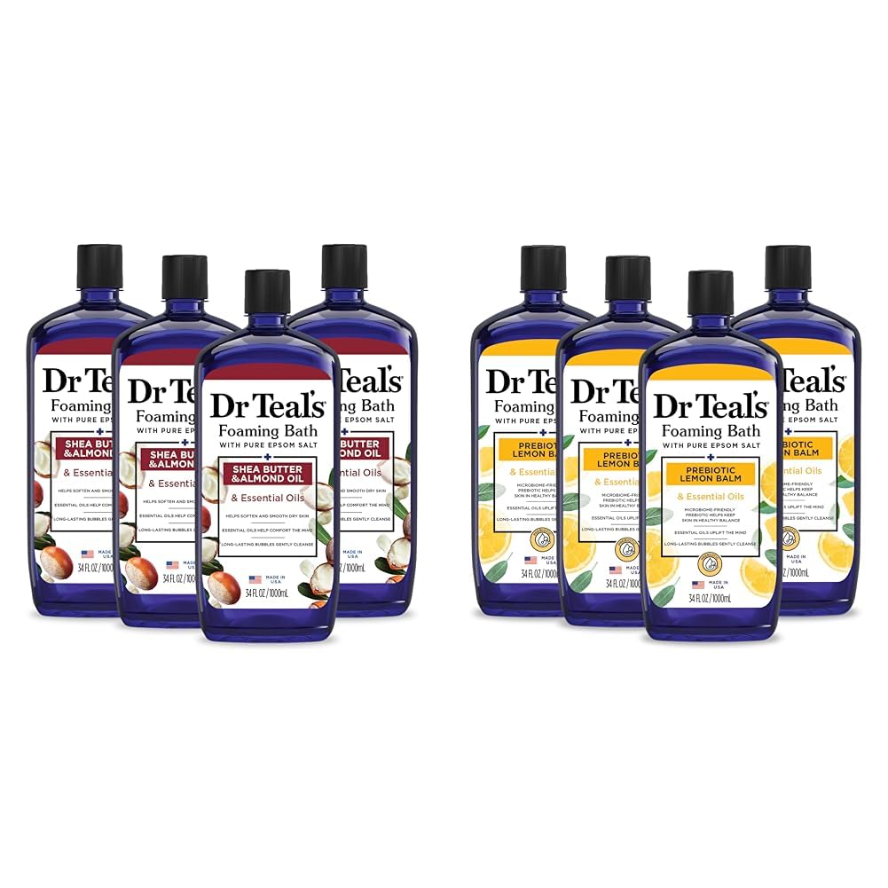 Dr Teal's Foaming Bath with Pure Epsom Salt, Shea Butter & Almond, 34 fl oz (Pack of 4) (Packaging May Vary) & Foaming Bath with Pure Epsom Salt, Prebiotic Lemon Balm & Essential Oils, 34 fl oz