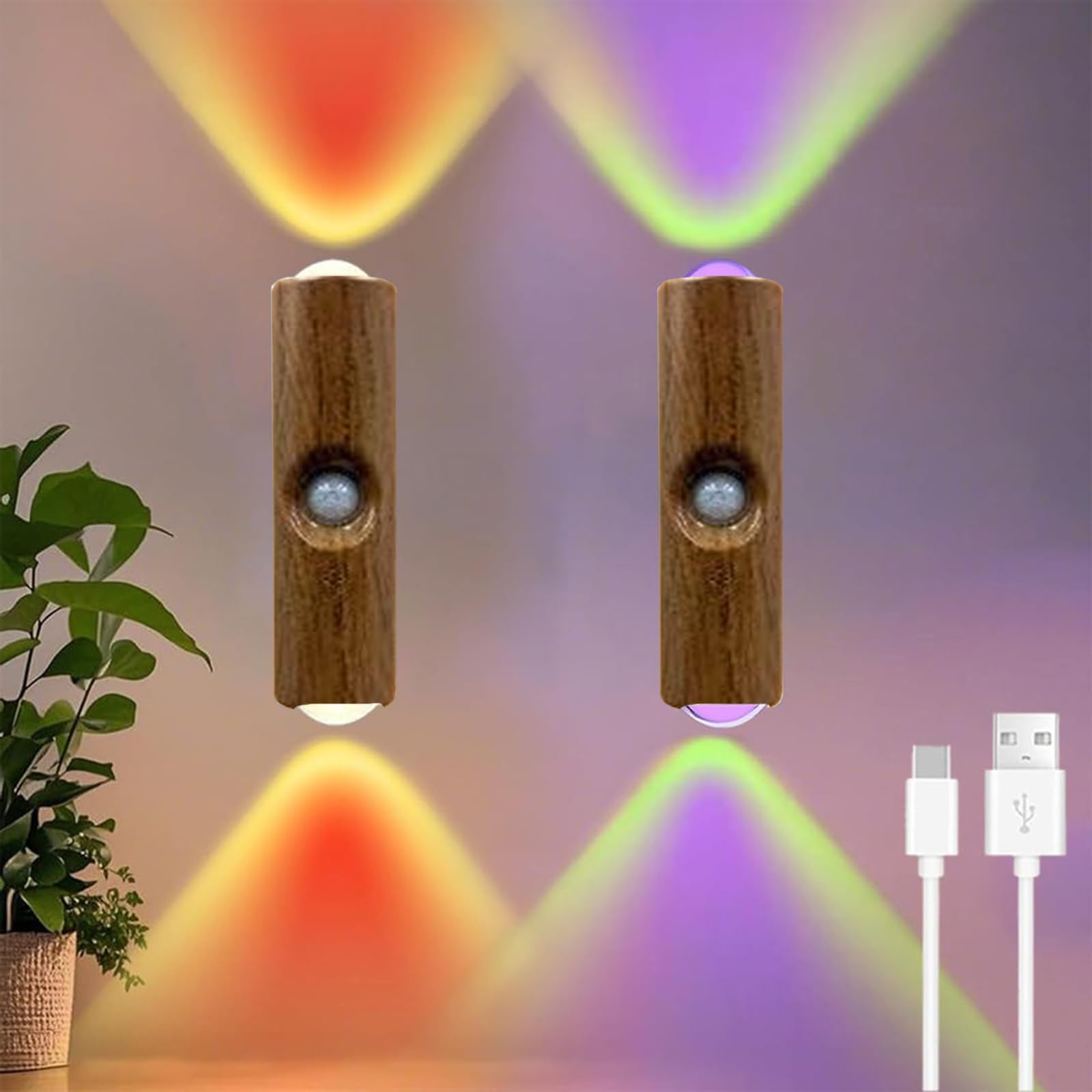 2PCS Magnetic Smart Motion Sensor RGB Mood Light, LED Cabinet Lights Motion Sensor Ambient Light with Colorful Gradient, RGB Gradient Rechargeable Wall Sconces for Bedroom, Hallway, Party (Wood)