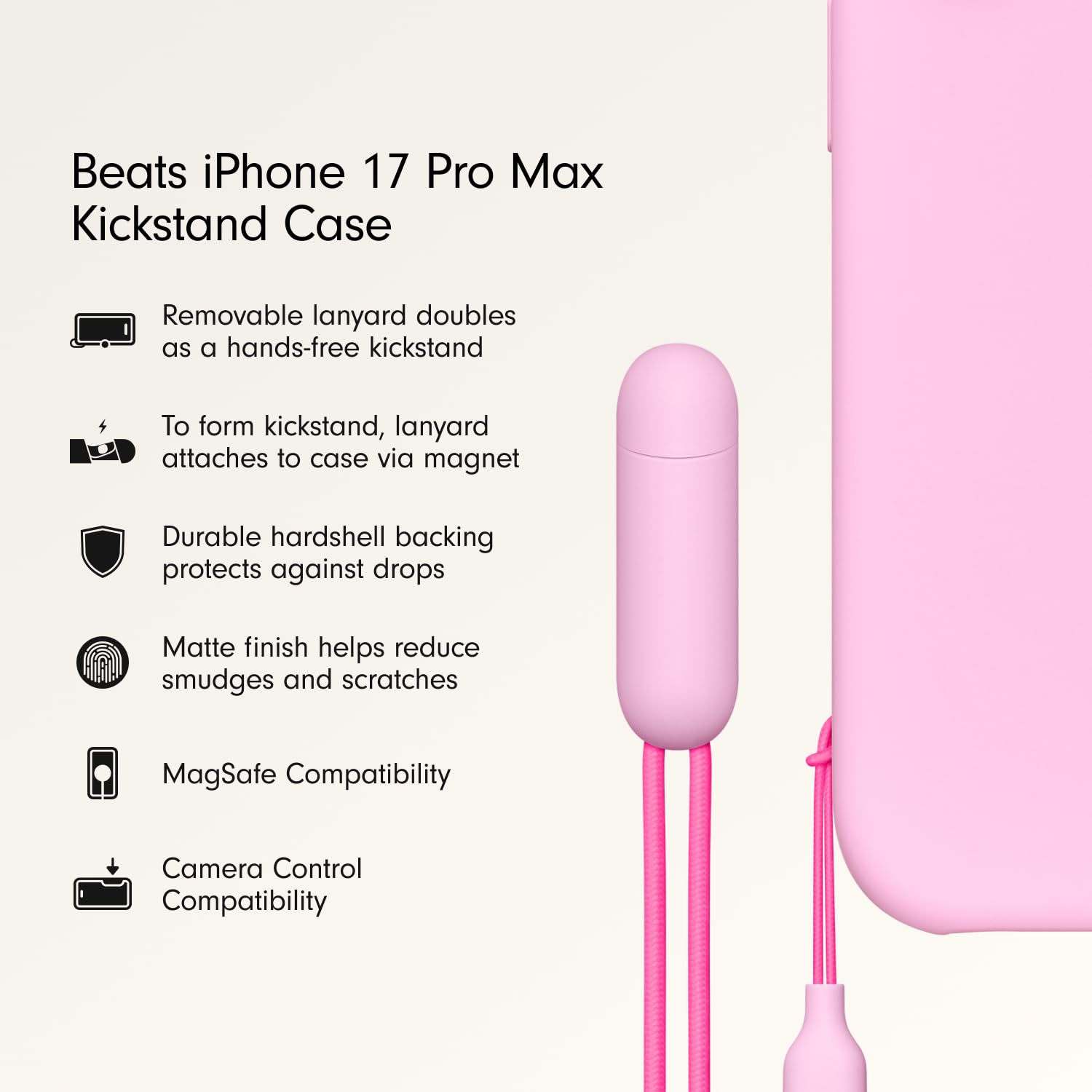 Beats iPhone 17 Pro Max Kickstand Case with MagSafe & Camera Control, Built in Stand & Lanyard, Matte Finish with Microfiber Lining – Pebble Pink