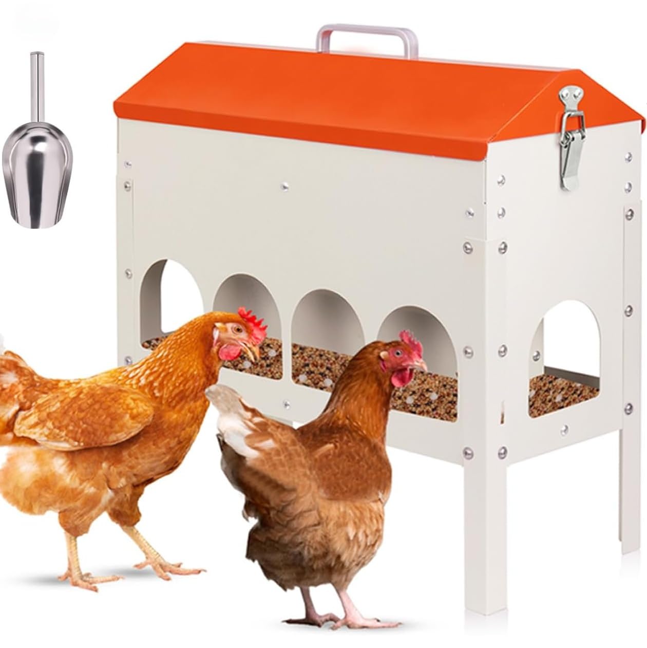 Automatischer Hühnerfutterautomat 4,5 kg Metall Hühnerfutterstation mit 10 Fütterungsöffnungen und verstellbaren Beinen Kein Abfall Geflügel Futterspender für Hühner Gänse Enten Truthähne
