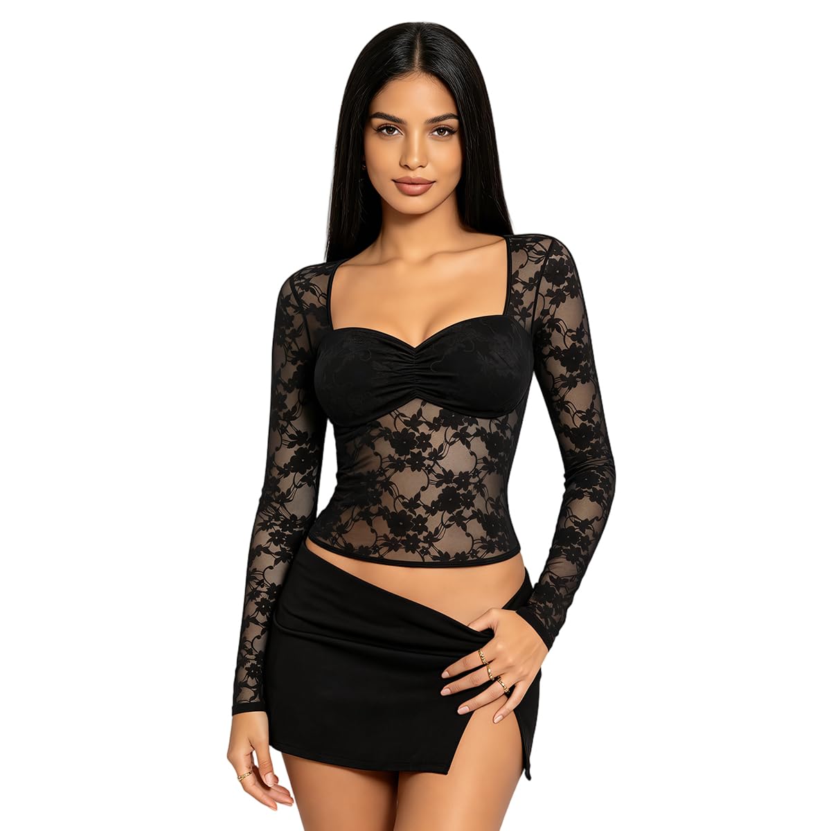 sannidhi Womens Sheer Mesh Tops Floral Lace Long Sleeve Shirts Low Cut Slim Fitted Outfits See Through Going Out Blouses-Black-M-picture-55