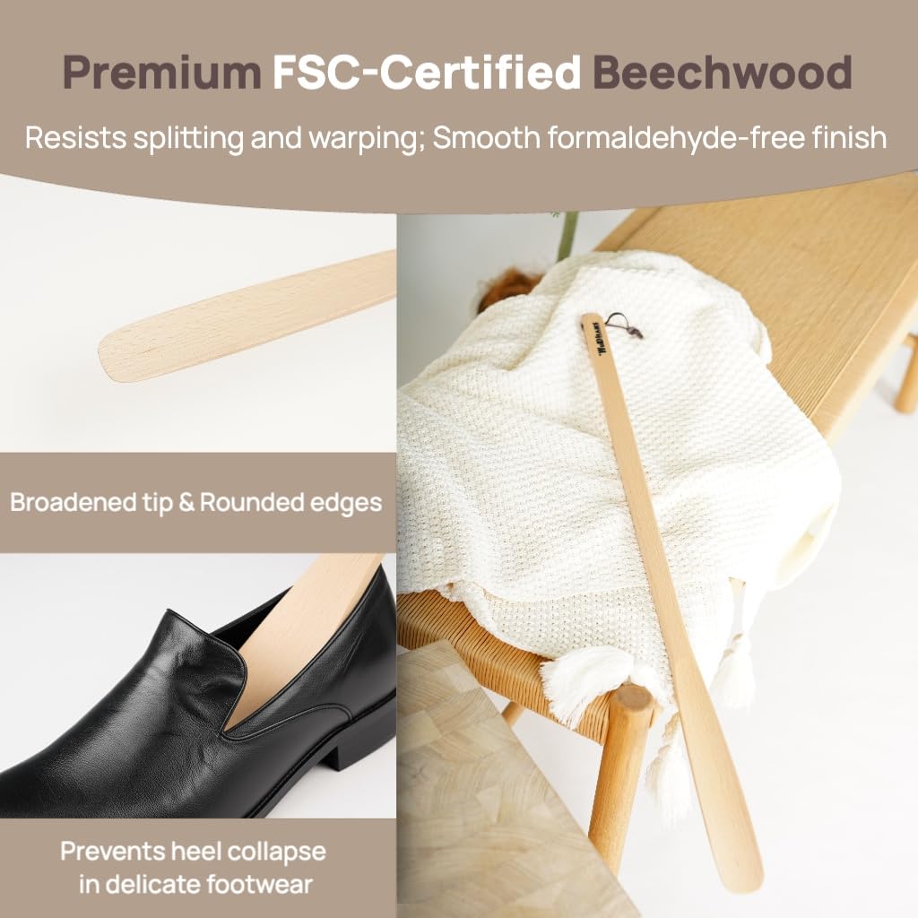 Calzador de madera de mango largo de 70 cm, madera de haya FSC con correa de cuero, cuerno extra largo para hombres, mujeres, ancianos, personas mayores, ayuda para embarazo y discapacidad