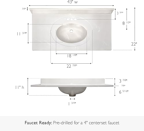Vista 137 de Design House Encimera de mármol cultivado, 49 pulgadas de ancho x 22 pulgadas de profundidad, fregadero ovalado integrado de 4 pulgadas y protector