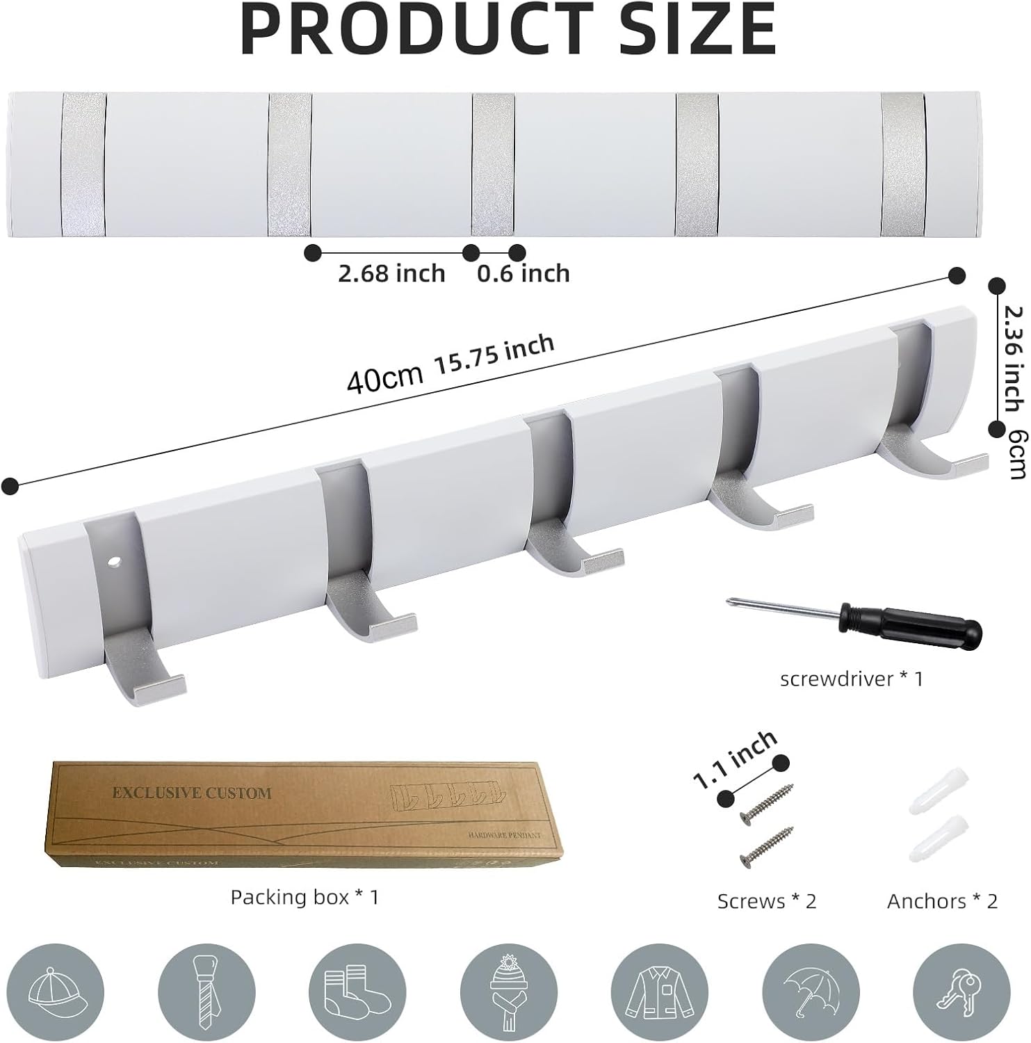 2 Pack Foldable Stylish Modern Hook Rack with 5 Hooks, Coat Hooks Wall Mount, Metal Coat Hook Rail for Coat Hat Towel Purse Robes Mudroom Bathroom Entryway (White and Silver) - Image 6