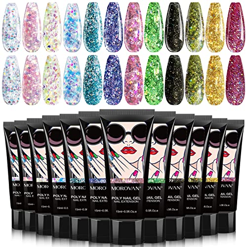 Morovan Poly Gel Nail Kit - 12 Poly Nail Extension Gel Kit Professional Poly Nail Gel Kit for Beginners with Everything