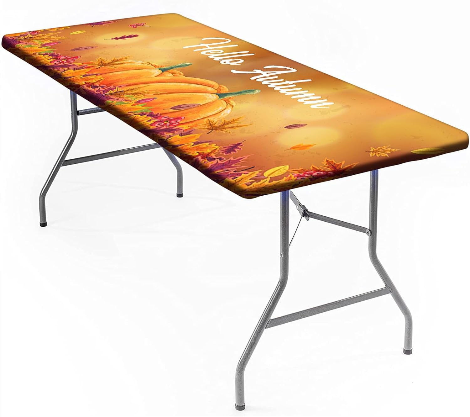 Hello Autumn Fitted Tablecloth for 8ft Rectangle Tables, Elastic Edged Polyester Pumpkin Maple Leaves Table Cover, for Outdoor Indoor Kitchen Coffee Table Decor, 30x96 Inch, Orange