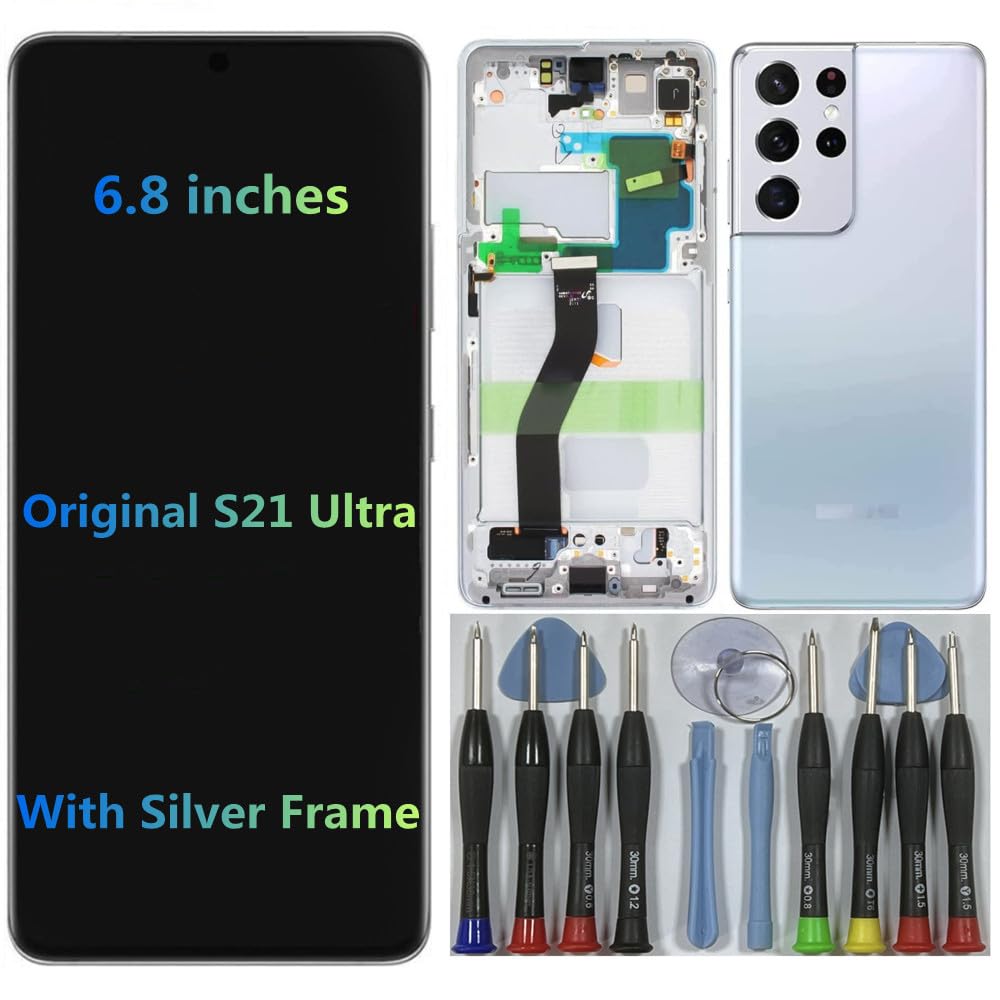 6.8" AMOLED Original for Samsung Galaxy S21 Ultra Display Touch Screen Digitizer Assembly S21ultra 5G G998U G998U1 G998W G998B G998B/DS LCD Screen Replacement (with Silver Frame + Back Cover+Tools)