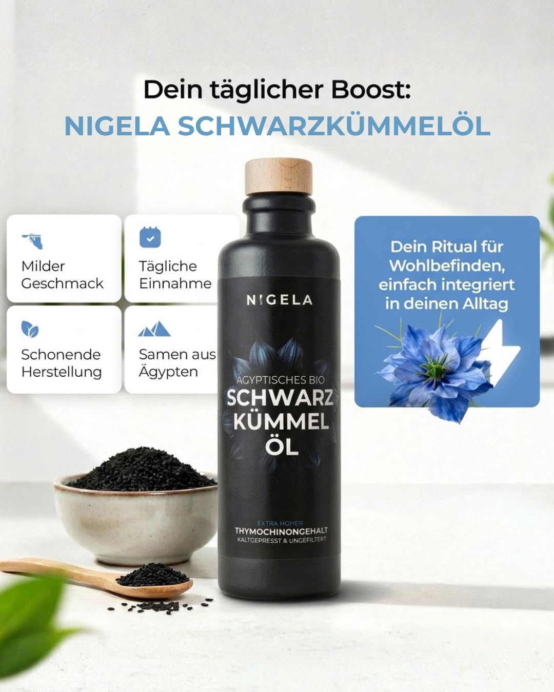 Nigela Olio di cumino nero – Alto contenuto di timocinone in 100% bottiglia in ceramica protetta dalla luce – Prodotto in Baviera – Qualità premium certificata e testata da laboratorio – 200 ml