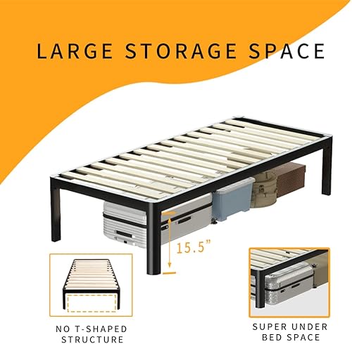 Miniatura 25 de MAF Marco de cama de plataforma Queen de 14 pulgadas con listones de madera, marco de cama de metal resistente de 3500 libras negro con patas