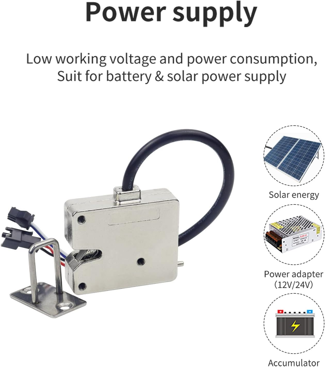 Diagram illustrating various power supply options for the electromagnetic lock, including solar energy, power adapter, and accumulator.