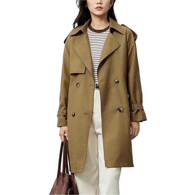 Womens Double-breasted Belted Trench Coats Style Commute Mid-length Loose Coat